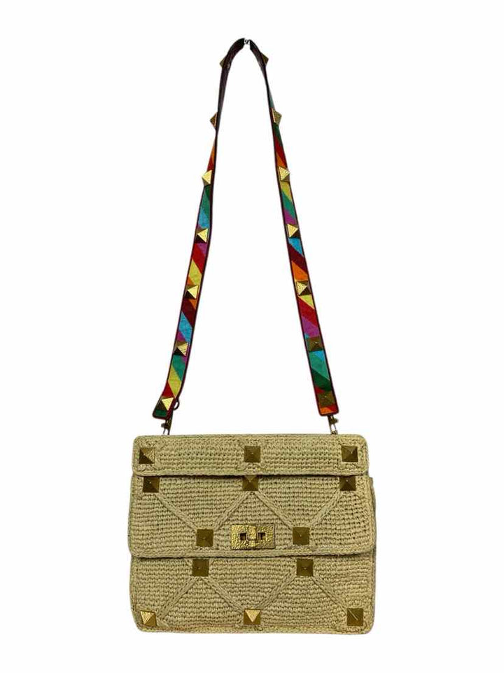 Valentino Roman Stud Large Crochet-Trimmed Raffia Shoulder Bag