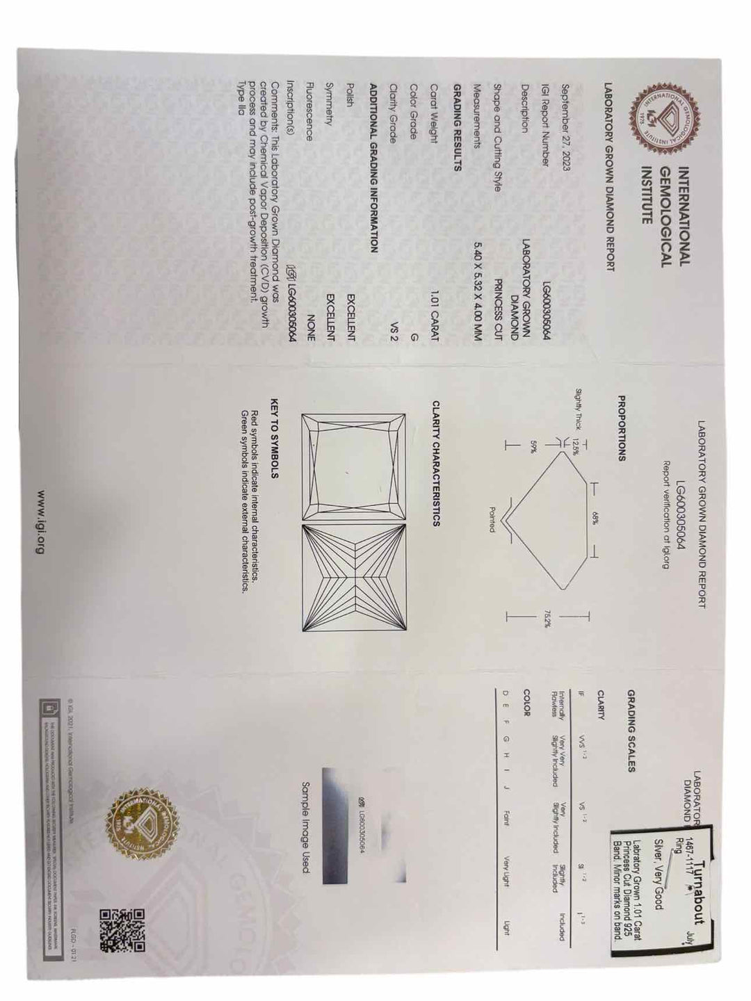 Labratory Grown 1.01 Carat Princess Cut Diamond Size 7 Ring