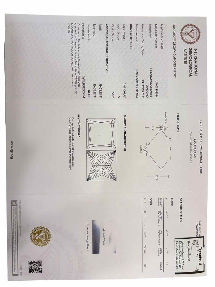 Labratory Grown 1.01 Carat Princess Cut Diamond Size 7 Ring