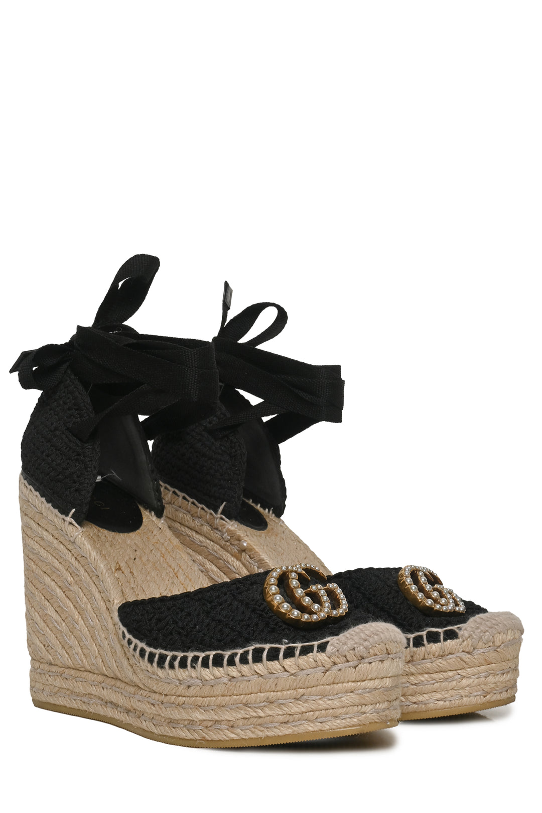 Gucci Size 36 Crochet Pearly GG Logo Ankle Wrap Platform Espadrille Wedges