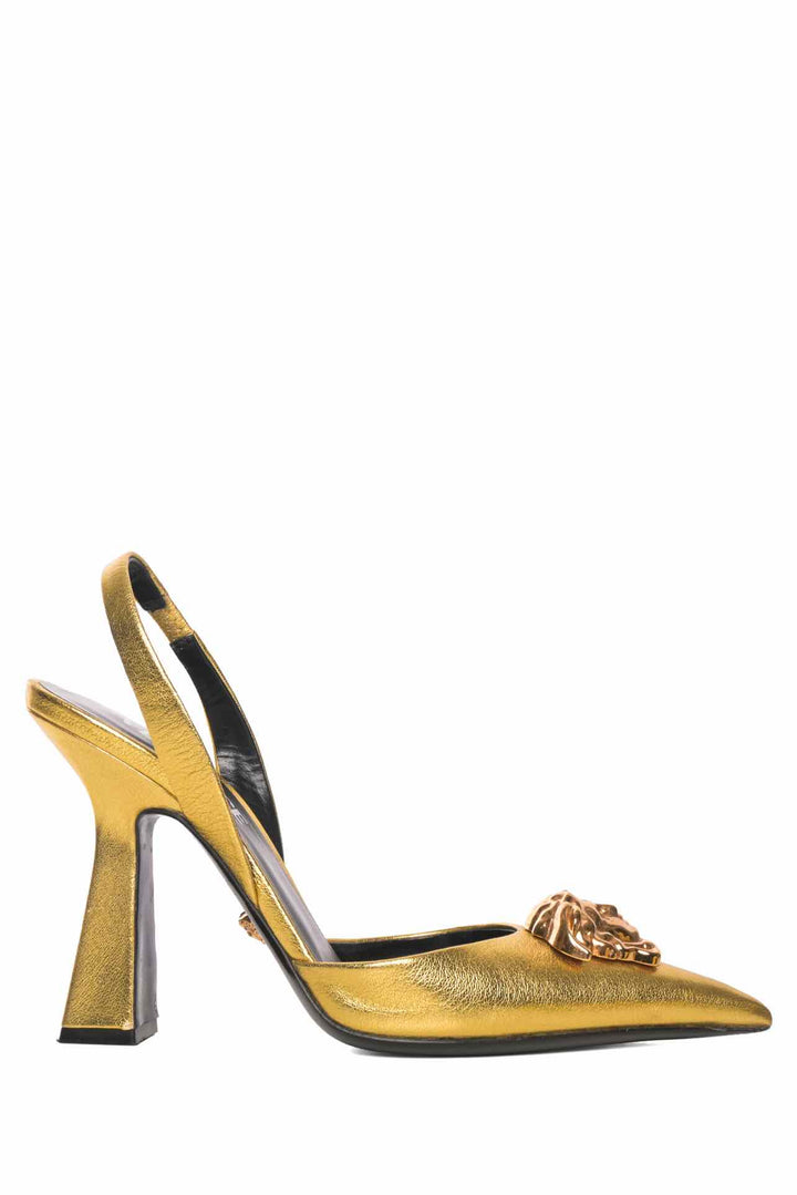 Versace Size 35.5 La Medusa Metallic Leather Slingback Pumps