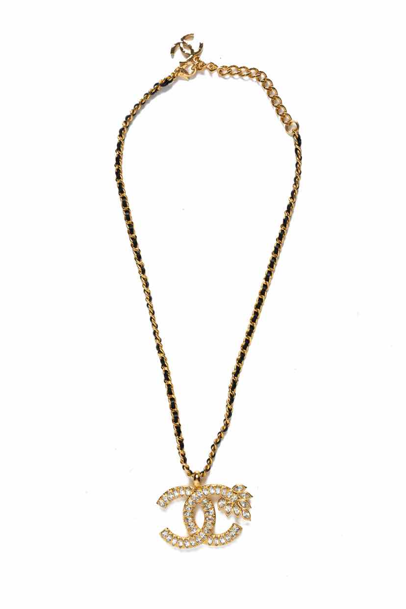 Chanel 2022 Woven Leather Chain & Strass Crystal CC Necklace