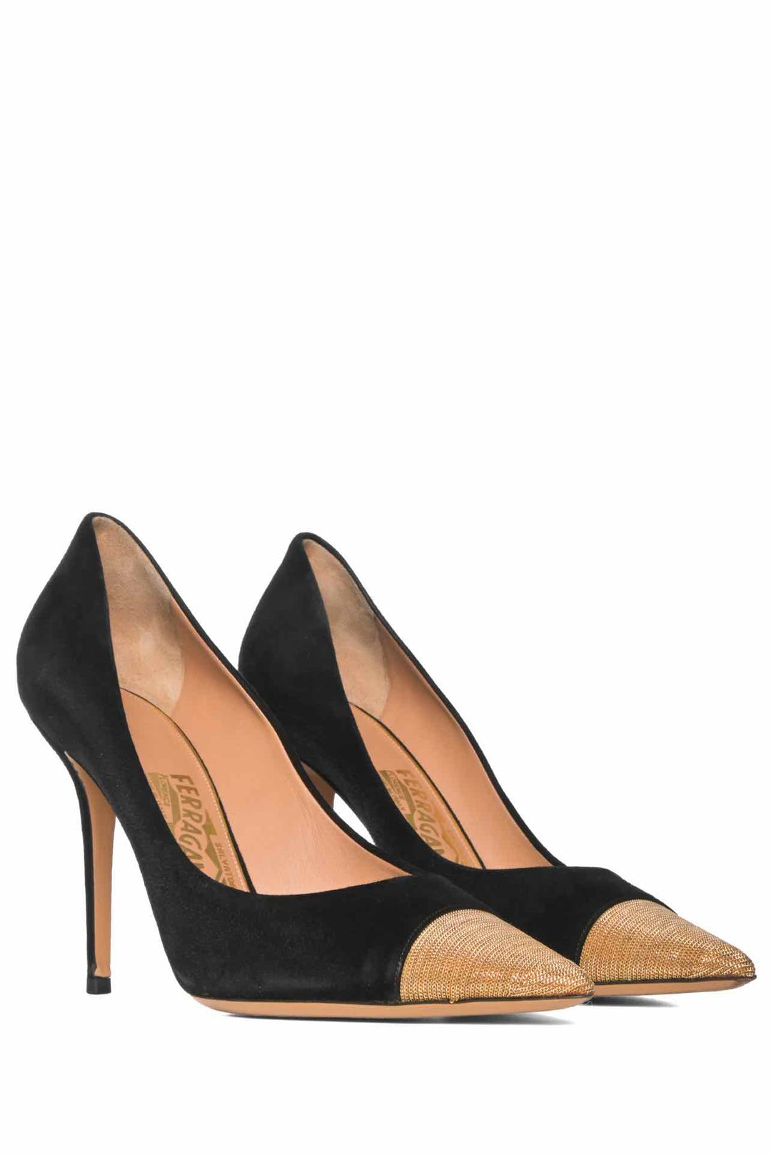 Salvatore Ferragamo Size 9.5 Chain Detail Cap Toe Suede Pumps