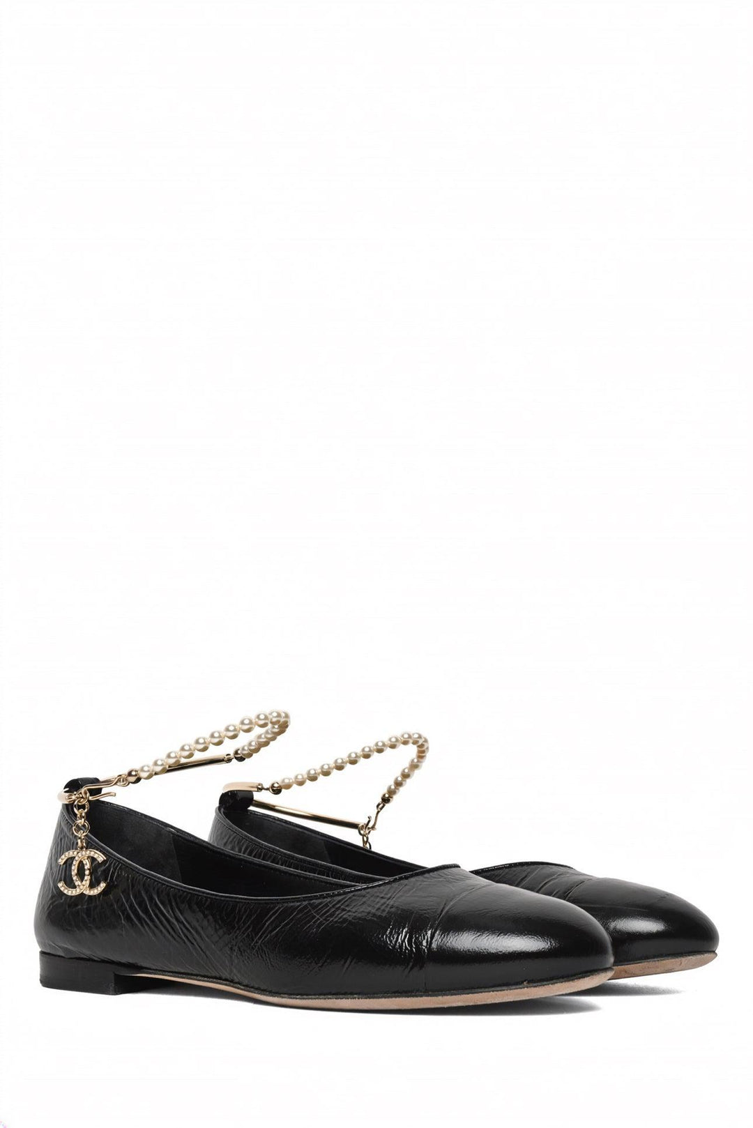 Chanel Size 38 Shiny Lambskin Cap Toe Pearl Chain Ballerina  Flats