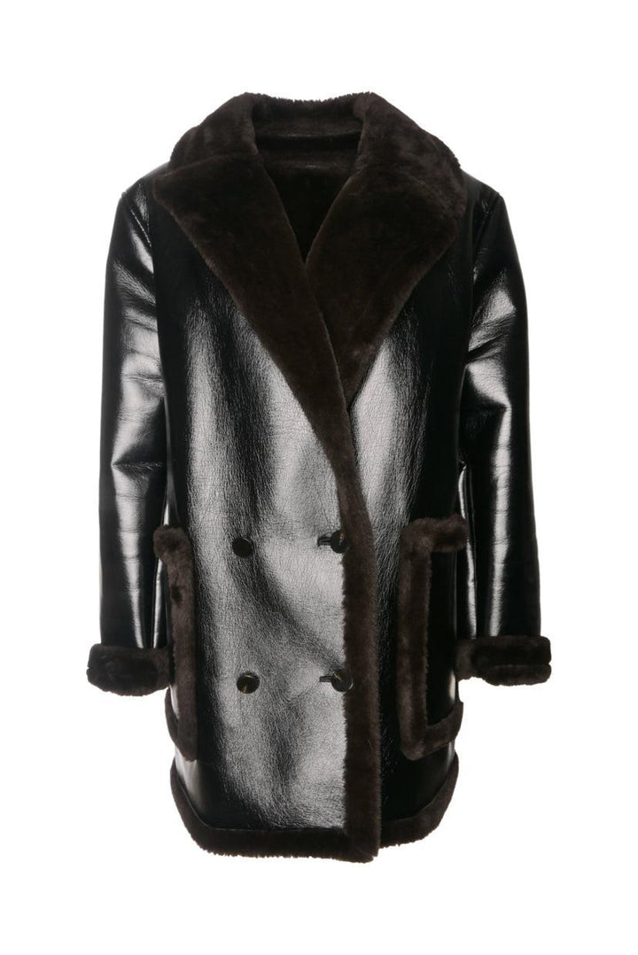 Theory Size XL Faux Fur-Trimmed Faux Leather Peacoat