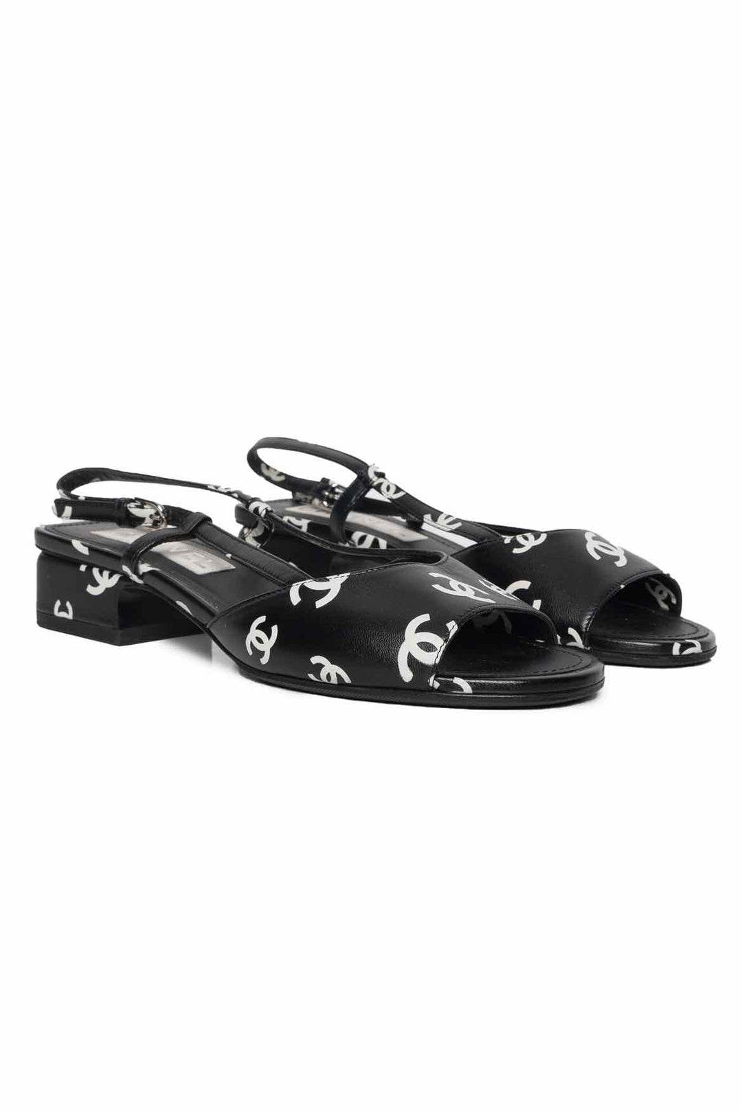 Chanel Size 37 Monogram Lambskin CC Slingback Sandals