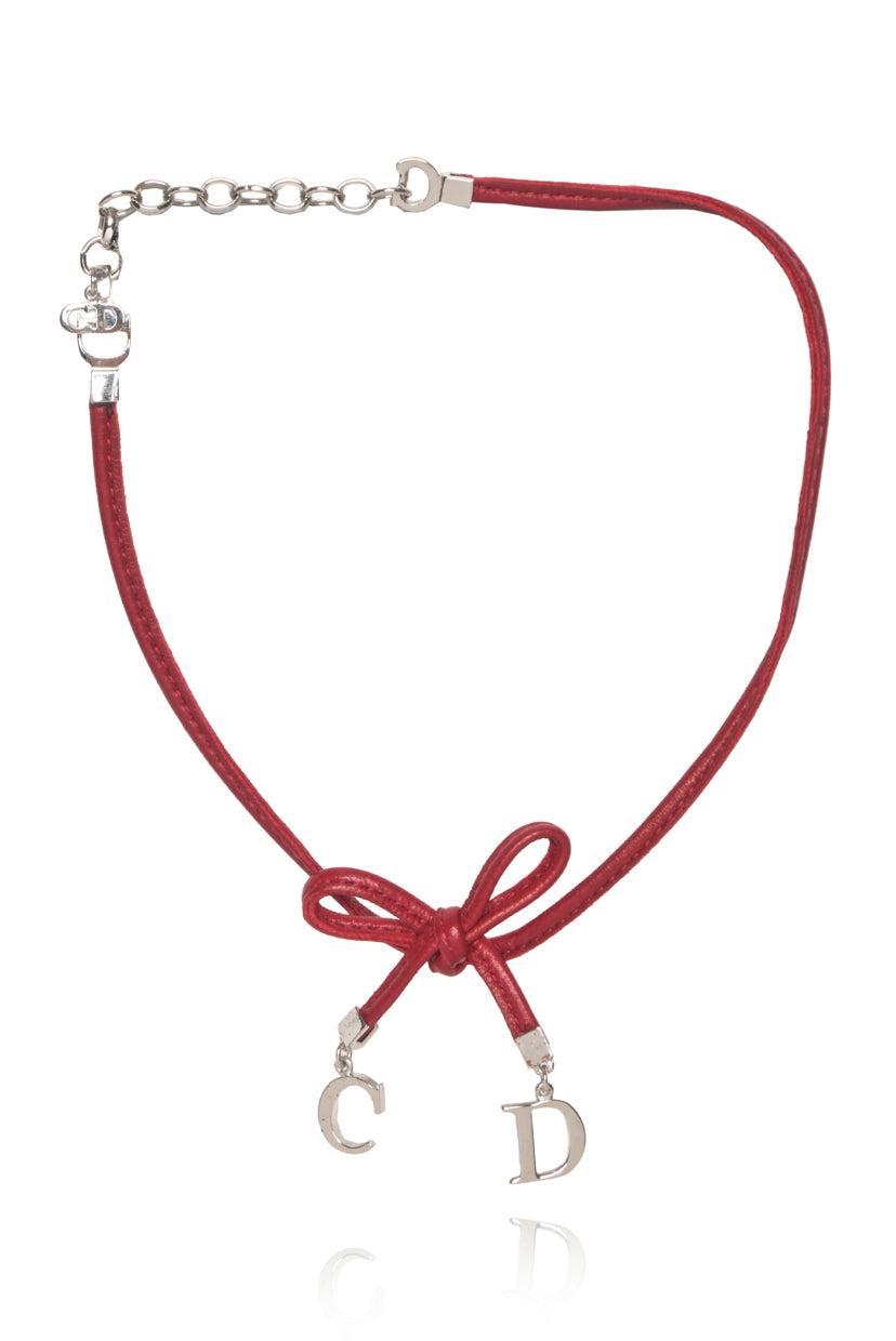 Christian Dior Logo Charm Leather Bow Choker Necklace