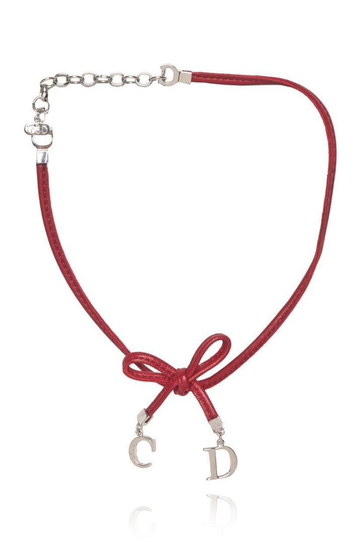 Christian Dior Logo Charm Leather Bow Choker Necklace