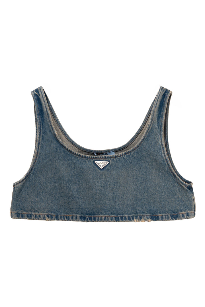 Prada Size 46 Distressed Triangle Logo Cropped Tank Top