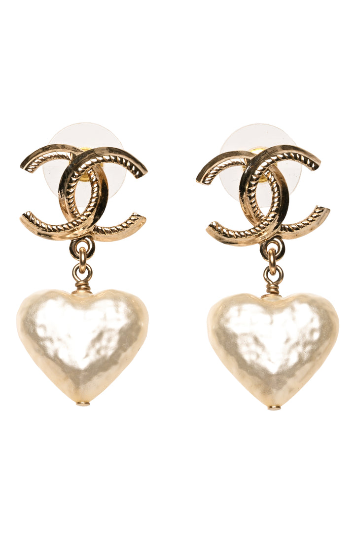 Chanel 2024 CC Faux Pearl Heart Drop Earrings