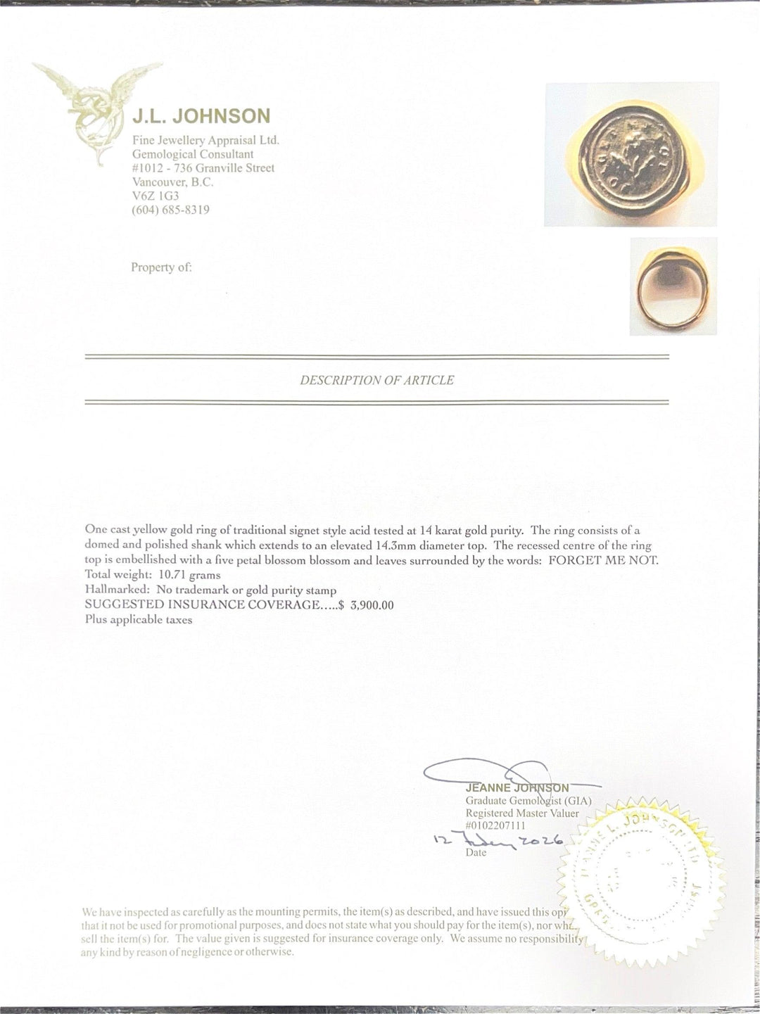 14K Yellow Gold 'Forget Me Not' Signet Size 6.5 Ring