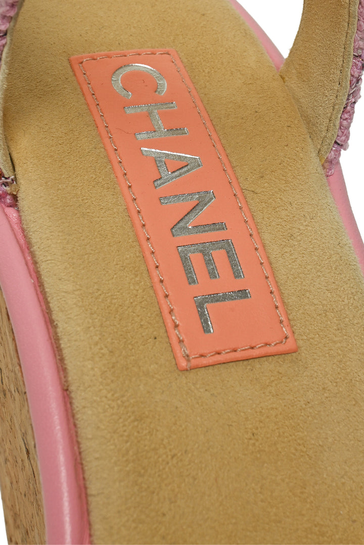 Chanel Size 39 Tweed & Cork CC Wedge Sandals