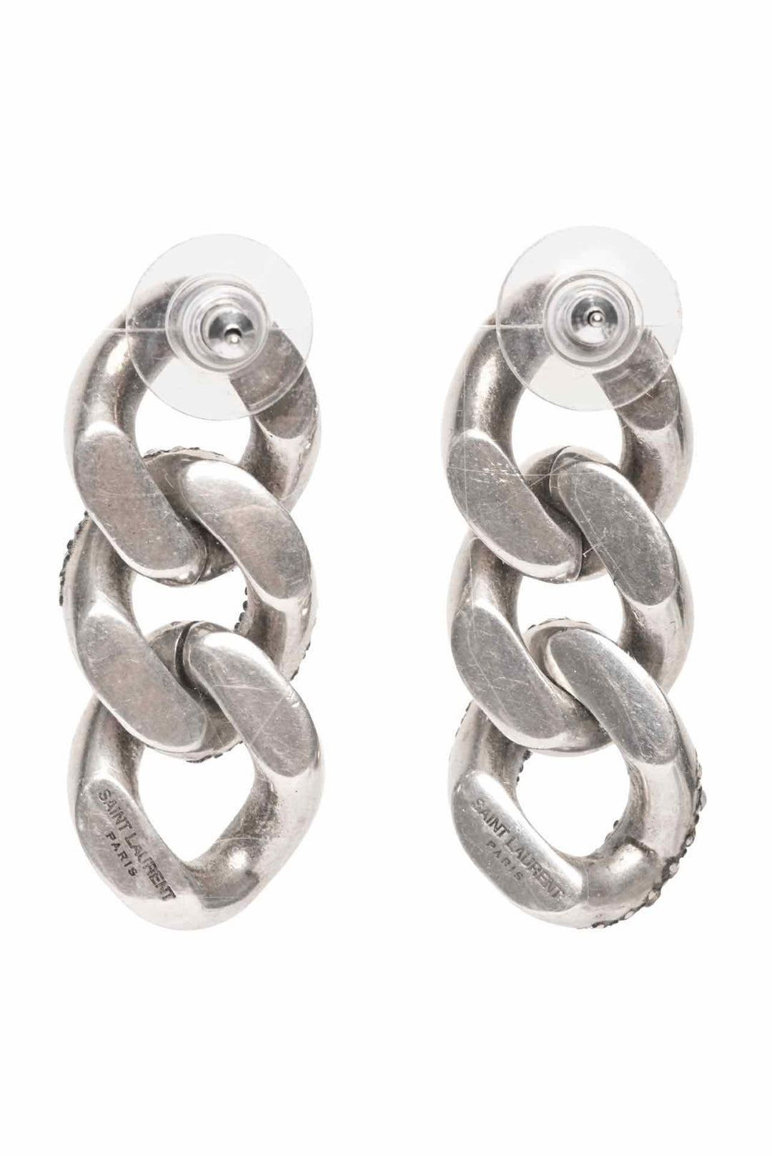 Saint Laurent Oxidized Silver-tone Three Link Asymmetric Strass Chain Earrings