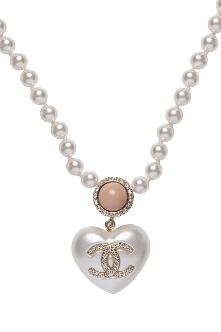 Chanel 2021 Strass Faux Pearl Heart CC Pendant Necklace