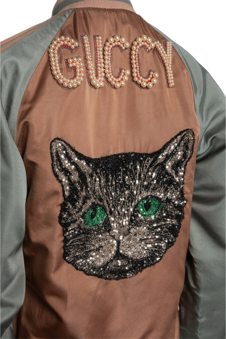 Gucci Size 40 Sequinned Guccy Cat Bomber Jacket