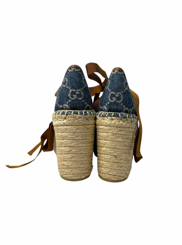 Gucci Size 38.5 Monogram Denim Espadrille Wedges