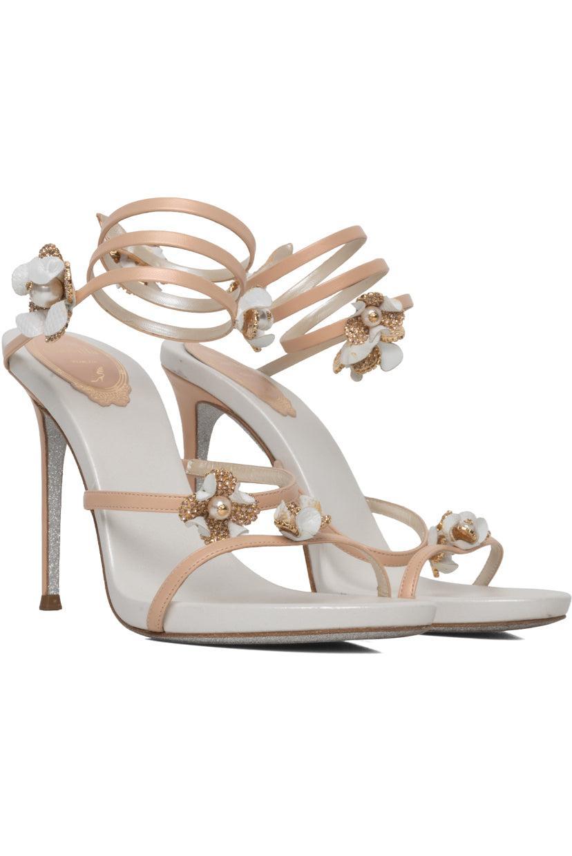 Rene Caovilla Size 37 Embellished Flower Ankle Coil Heeled Sandals