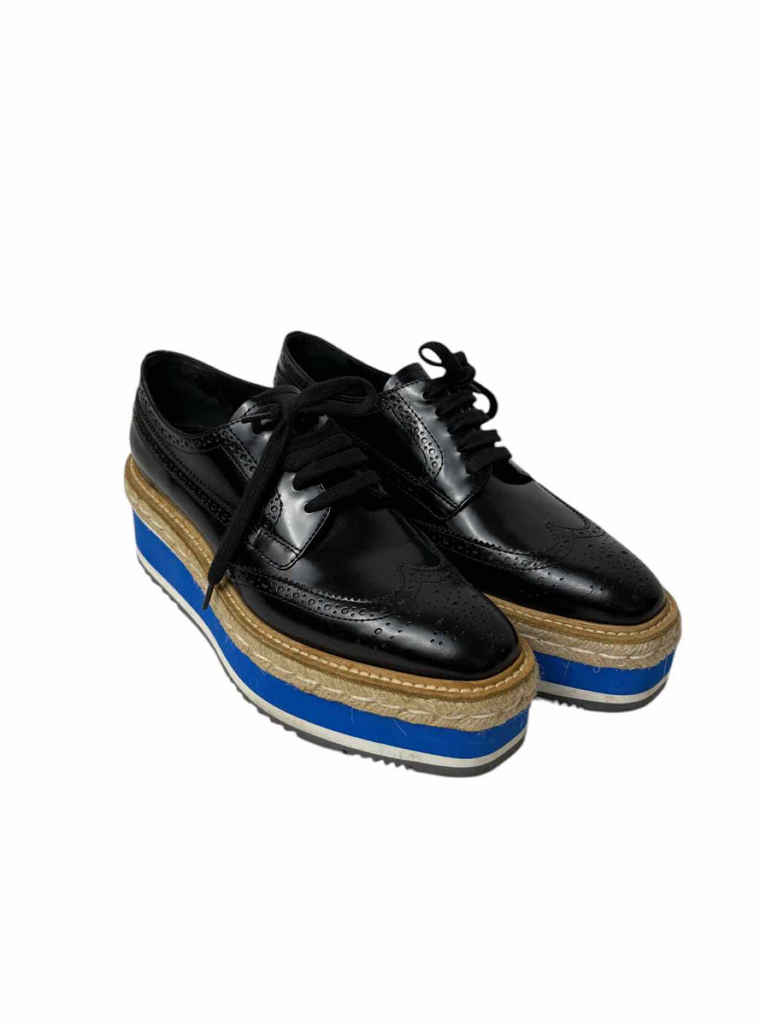 Prada Size 38.5 Leather Platform Brogue Espadrille Derby Flats