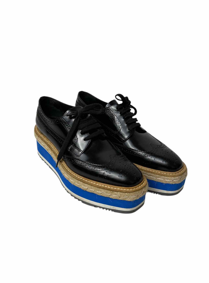 Prada Size 38.5 Leather Platform Brogue Espadrille Derby Flats
