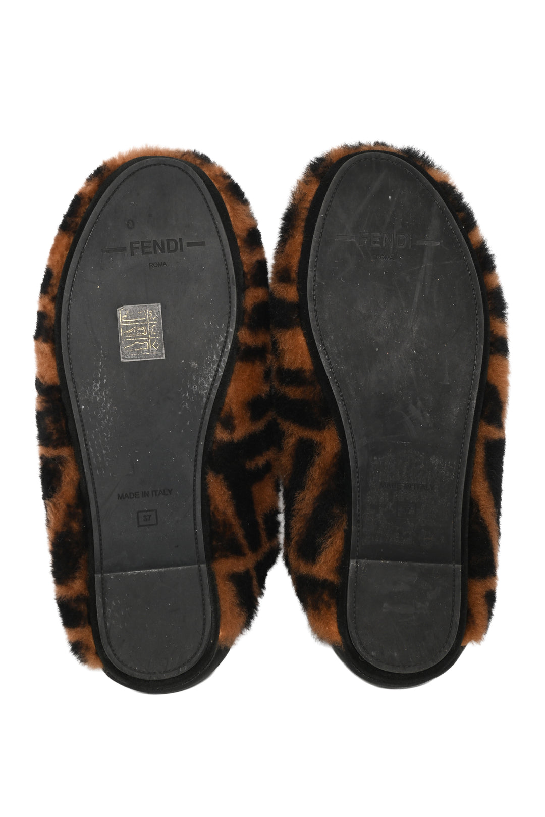 Fendi Size 37 Zucca FF Shearling Slippers