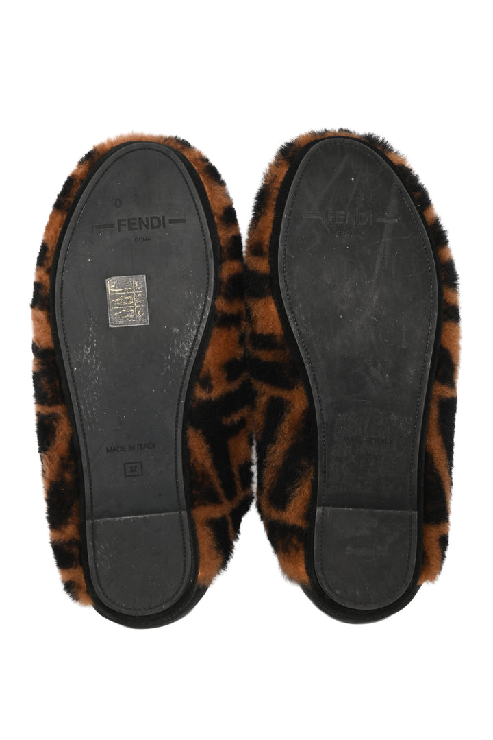 Fendi Size 37 Zucca FF Shearling Slippers