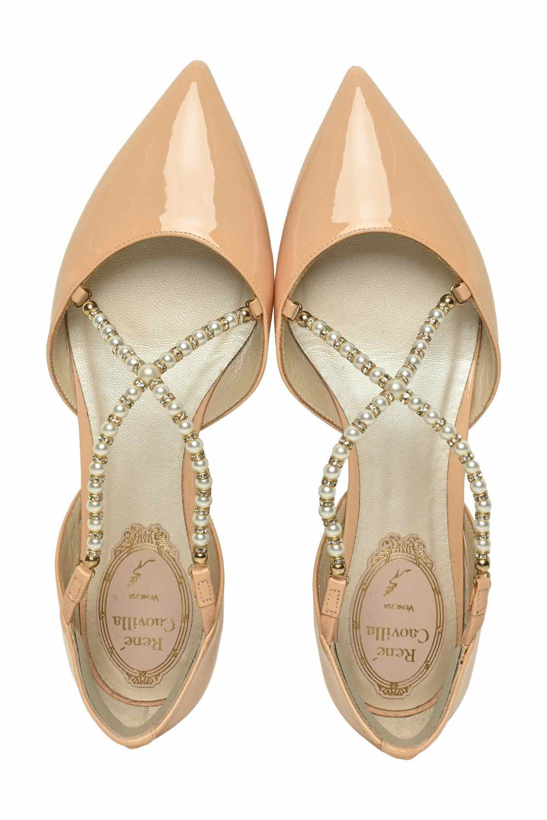 Rene Caovilla Size 35 Faux Pearl Crossover Strap Pointed Toe Flats
