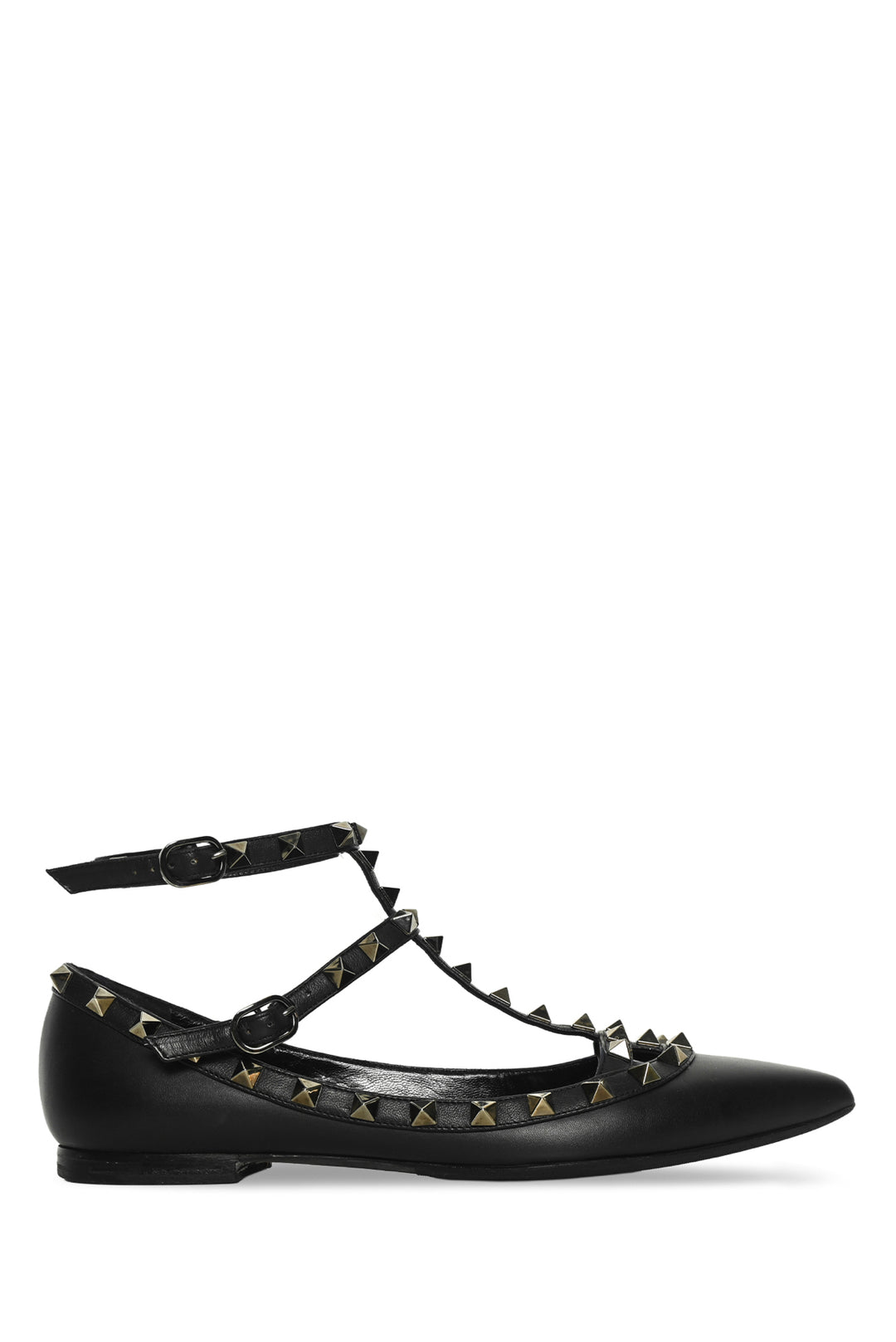 Valentino Size 37 Noir Rockstud Ankle Strap Cage Flats