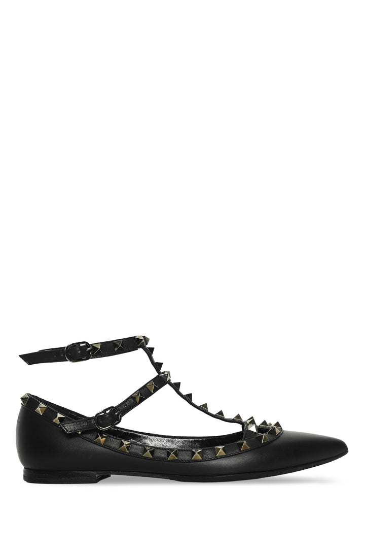 Valentino Size 37 Noir Rockstud Ankle Strap Cage Flats