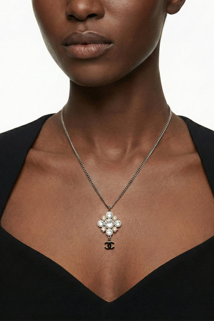 Chanel 2011 Crystal & Interlocking CC Drop Pendant Necklace