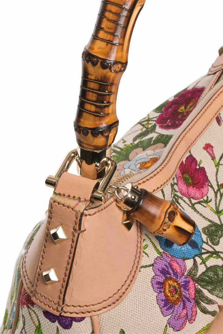 Gucci Flora Canvas Nailhead Bamboo Handle Bag