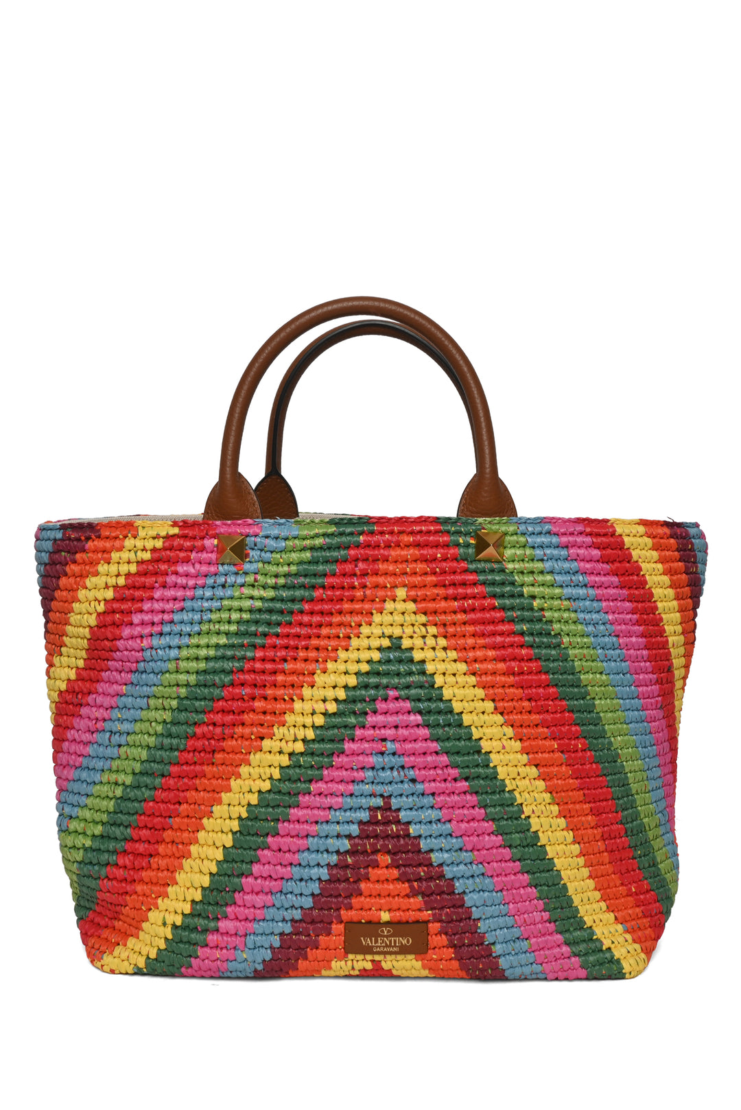 Valentino Roman Studded Chevron Raffia Rainbow Tote