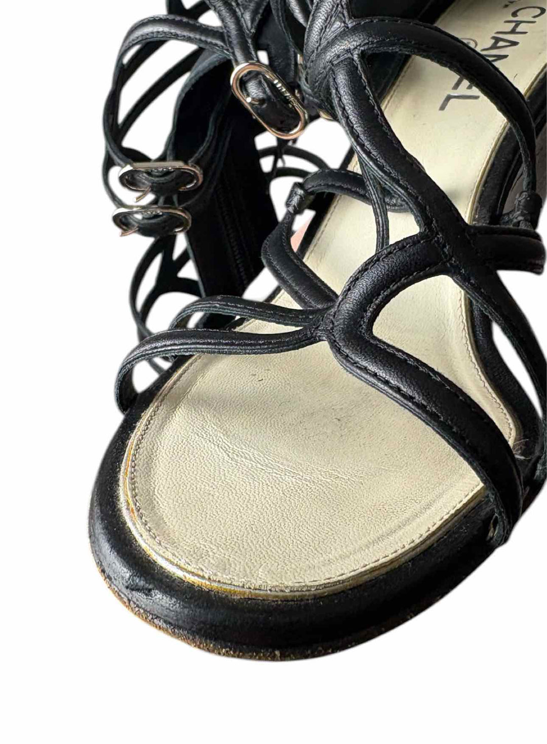 Chanel Size 38 Leather Gladiator Wedge Sandals