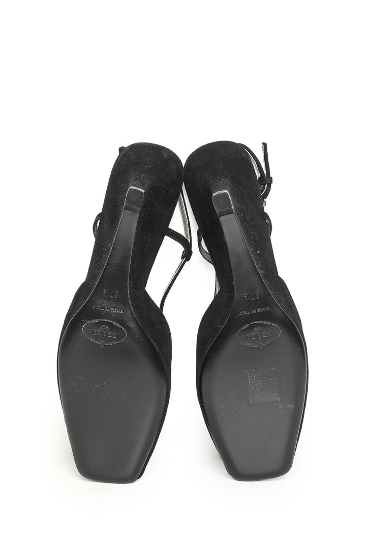 Prada Size 37.5 Peep Toe Suede Slingback Wedges