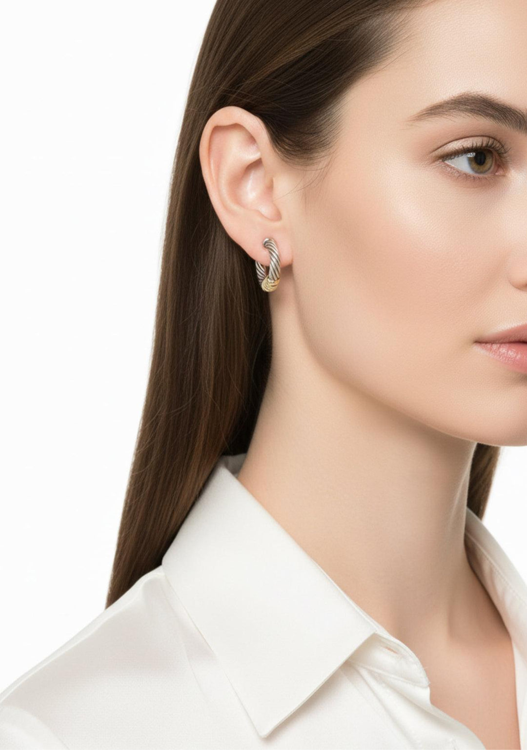 David Yurman Cable Hoop Earrings in Sterling Silver With 14k Yellow Gold