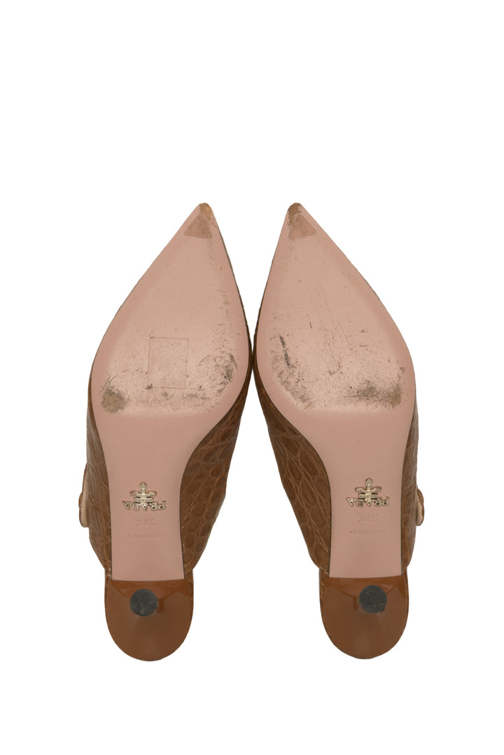 Prada Size 37.5 Croc Effect Leather Heeled Mules