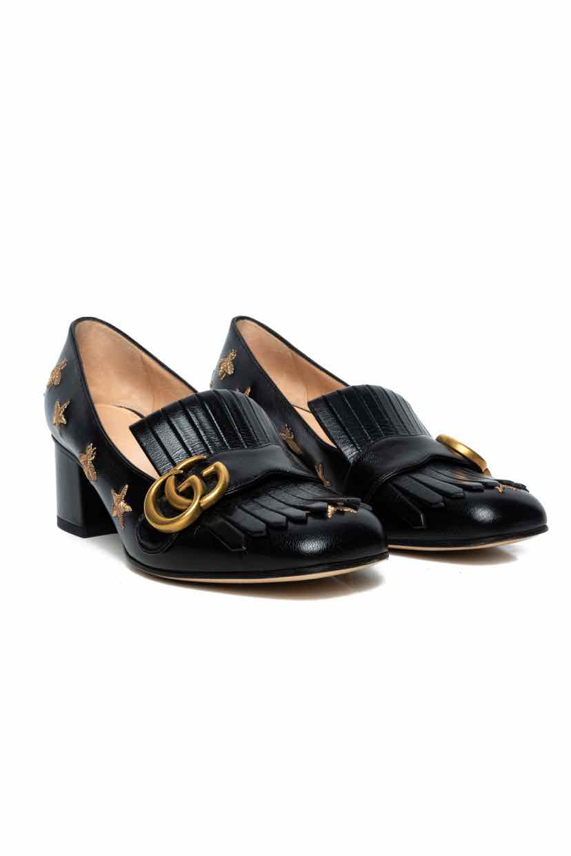 Gucci Size 37 Bee Star Embroidered GG Marmont Fringe Pumps