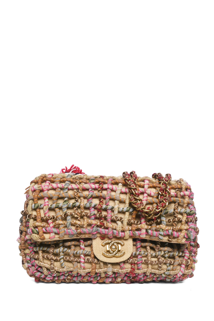 Chanel 2014-2015 Resort Paris-Dubai Woven & Pom-Pom Classic Flap Shoulder Bag