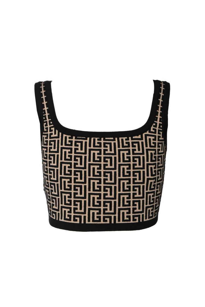 Balmain Size 42 Cropped Monogram Knit Tank Top