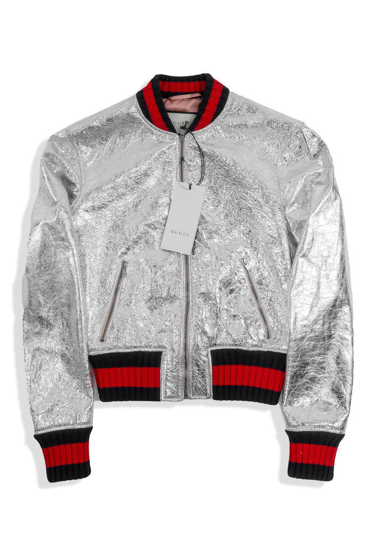 Gucci Size 40 Metallic Leather Bomber Jacket