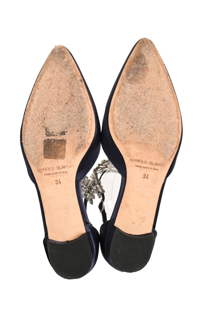 Manolo Blahnik Size 34 Crystal Embellished Sicaria Ankle Strap Ballet Flats