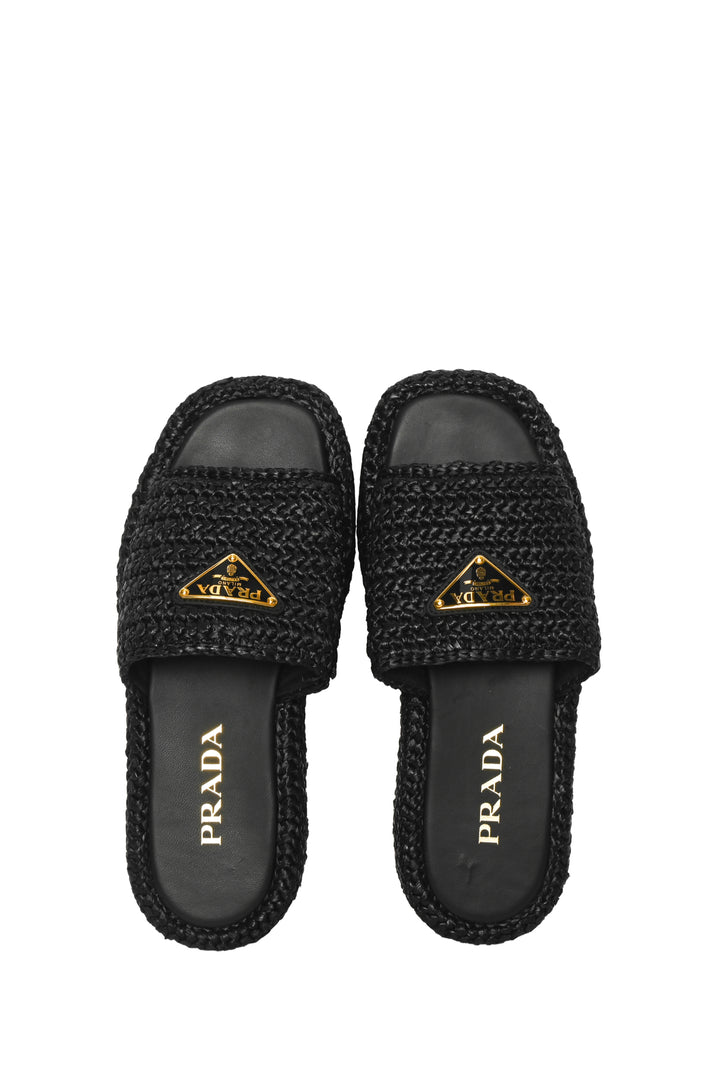 Prada Size 36 Enameled Triangle Logo Plaque Raffia Flatform Slide Sandals