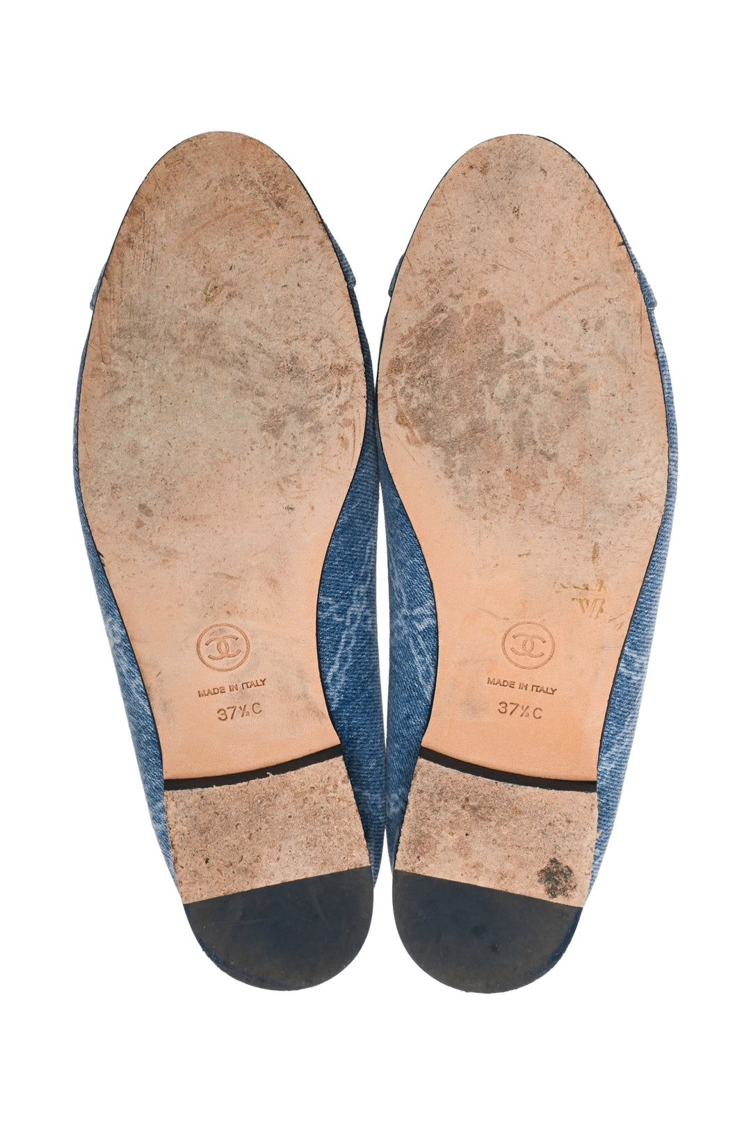 Chanel Size 37.5 Denim Printed Cap Toe Ballerina Flats