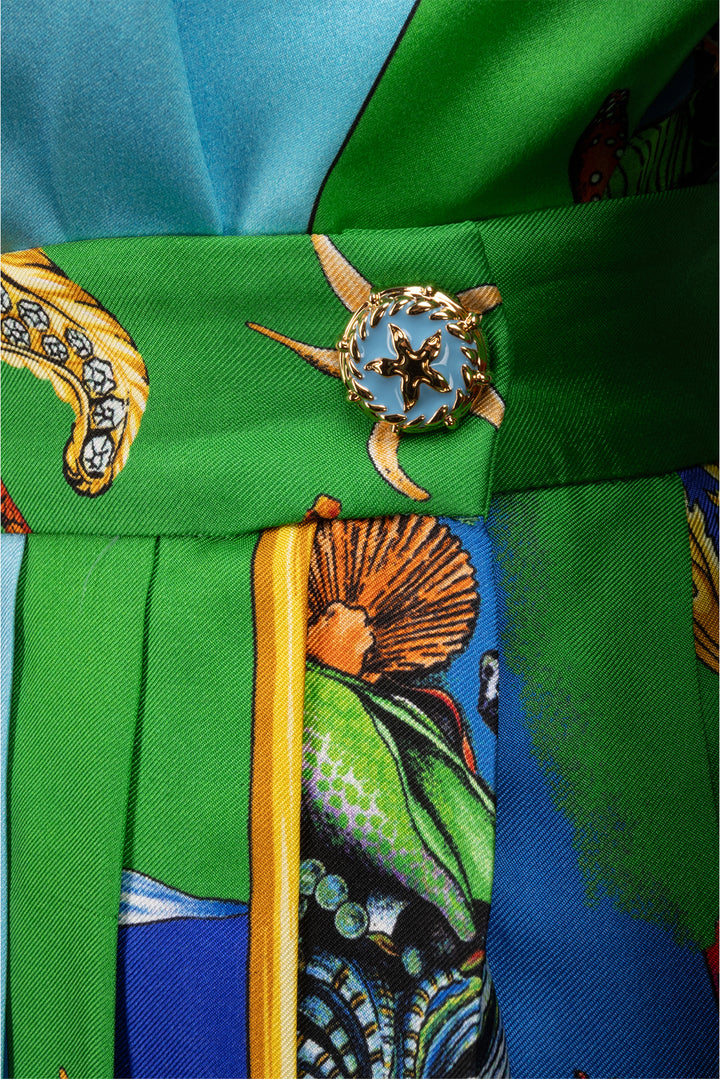 Versace Size XL Silk Ocean Print Blouse & Pleated Mini Skirt Set