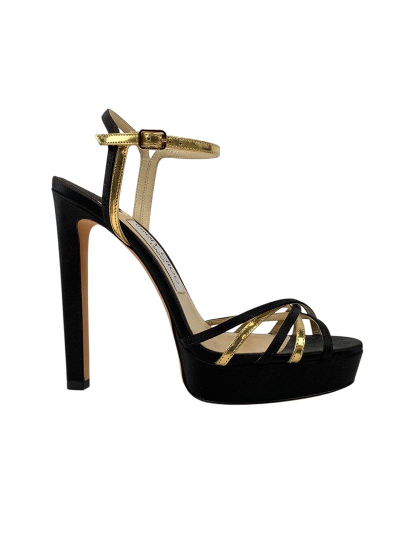 Jimmy Choo Size 37.5 Lilah Satin and Metallic leather Sandals