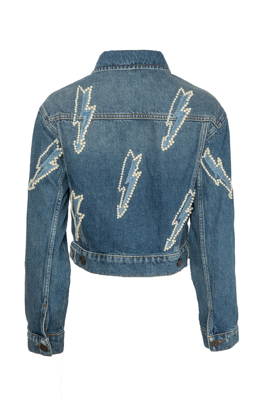 Sandro Size 34 Faux Pearl Embellished Lighting Bolt Denim Jacket