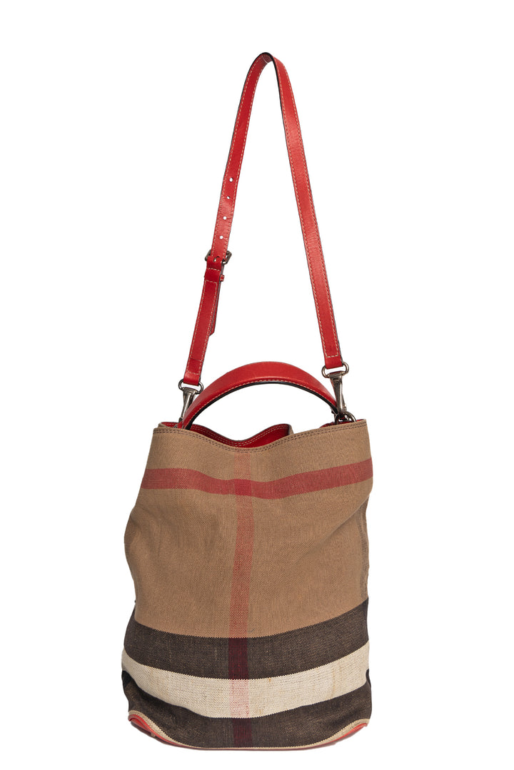 Burberry Nova Check Linen/Red Leather Ashby Bucket Bag