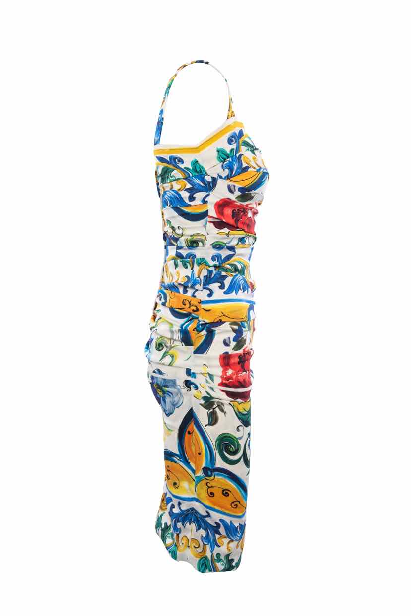 Dolce & Gabbana Size 38 Lemon Print Ruched Silk Dress