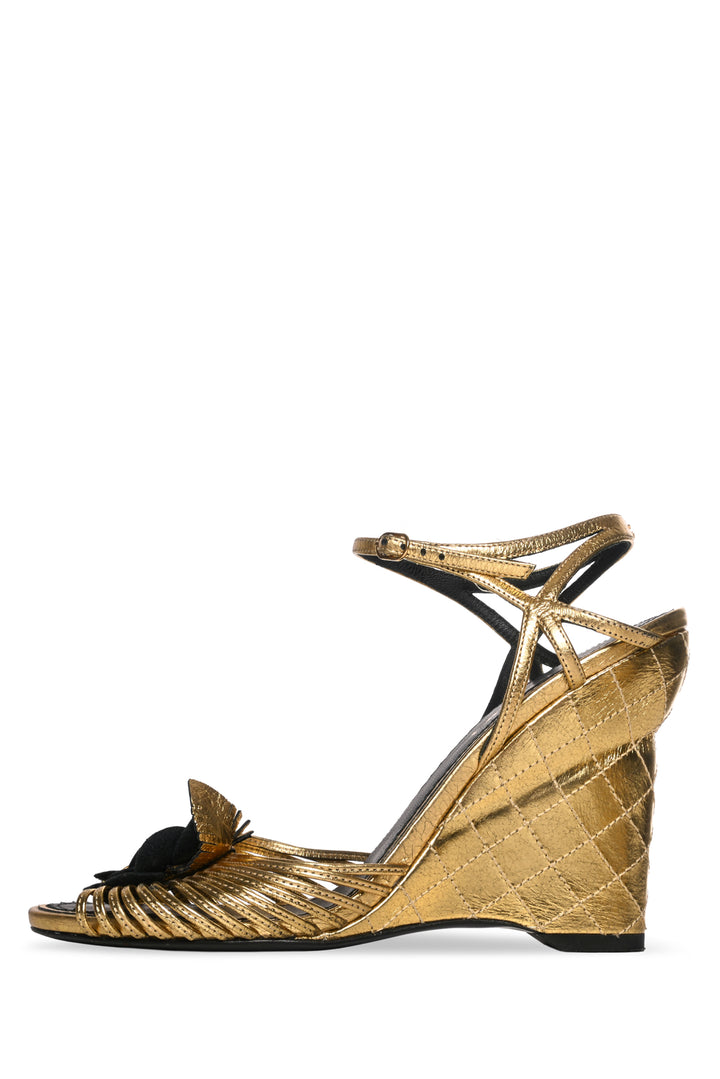 Chanel Size 37 Metallic Faux Pearl Camellia Ankle Strap Wedge Sandals