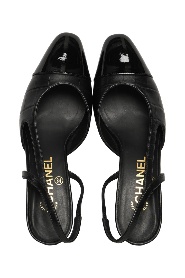 Chanel Size 37 Croc Embossed Patent Cap Toe CC Slingback  Pumps