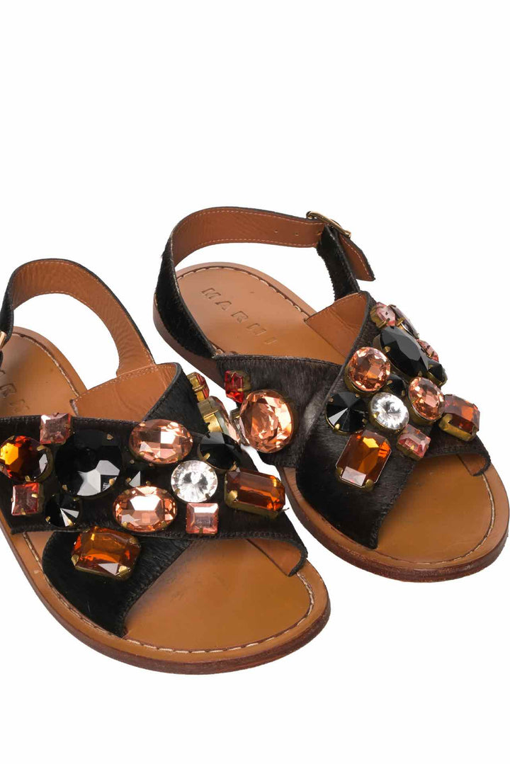 Marni Size 37 Crystal Embellished Pony Hair Slingback Sandals